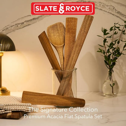 SLATE & ROYCE 5-Piece Acacia Wood Utensil Set, Non-Toxic Wooden Kitchen Tools with Tapered Edges, Heat-Resistant, For Non-Stick Frying Pan, Cast Iron Skillet, Flat Spatulas, Scraper & Spoon Set