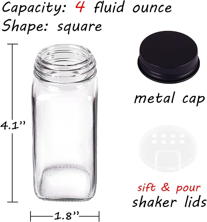 Churboro 66 Spice Jars with 547 Labels- Glass Spice Jars with Black Metal Caps, 4oz Empty Spice Containers with Shaker Lids, Funnel, Chalk Pen, Square Seasoning Bottles for Spice Rack, Drawer, Cabinet - Image 3