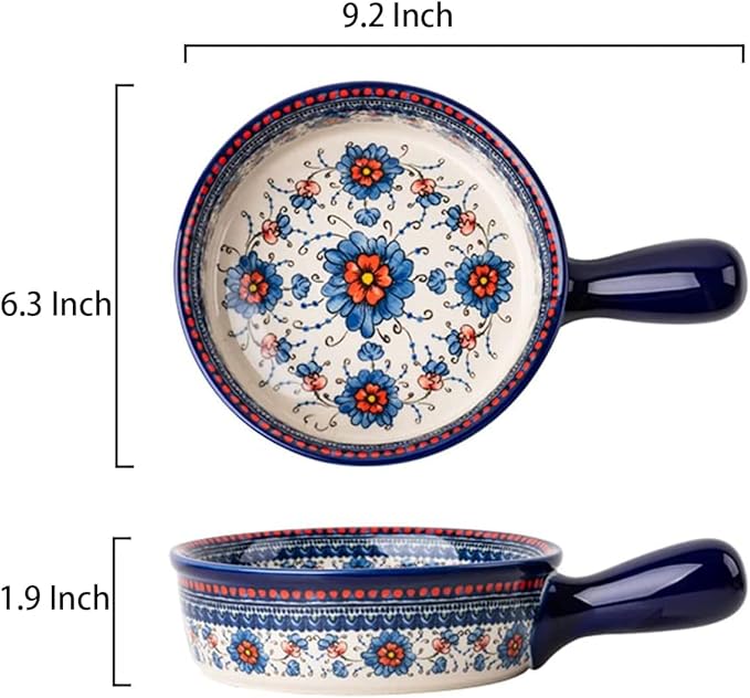Blue and Orange Flower Vintage Style Ceramic Bakeware Casserole Dish Baking Pan Lasagna Pans Baking Dish with Handles for Oven/Cooking/Kitchen-1 PCS-20 OZ - Image 2