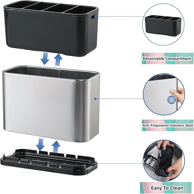 LIBODOUR Utensil Holder,Stainless Steel Caddy Counter,Spoon holder,4 Compartments Silverware Caddy,Capacity Flatware Spoon Fork Tool Cutlery Holder（Silvery） - Image 5