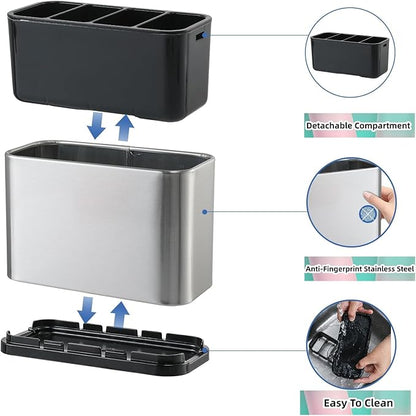 LIBODOUR Utensil Holder,Stainless Steel Caddy Counter,Spoon holder,4 Compartments Silverware Caddy,Capacity Flatware Spoon Fork Tool Cutlery Holder（Silvery） - Image 5