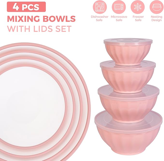 BoxedHome Mixing Bowls with Lids Set, 4PK Large 0.2” Thick Plastic Nesting Mixing Bowl, Microwave Safe,Size 1.37,2.32,3.8 and 5.07qt, Pink - Image 3