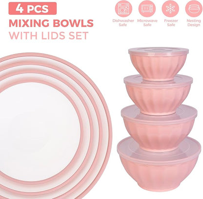 BoxedHome Mixing Bowls with Lids Set, 4PK Large 0.2” Thick Plastic Nesting Mixing Bowl, Microwave Safe,Size 1.37,2.32,3.8 and 5.07qt, Pink - Image 3