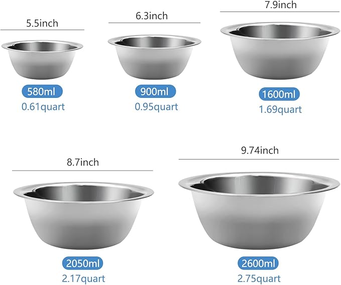 Mixing Bowl Set of 5, Stainless Steel Mixing Bowls, Nesting Whisking Bowl Set for Cooking, Baking, Serving, Food/Salad Prep - Image 4