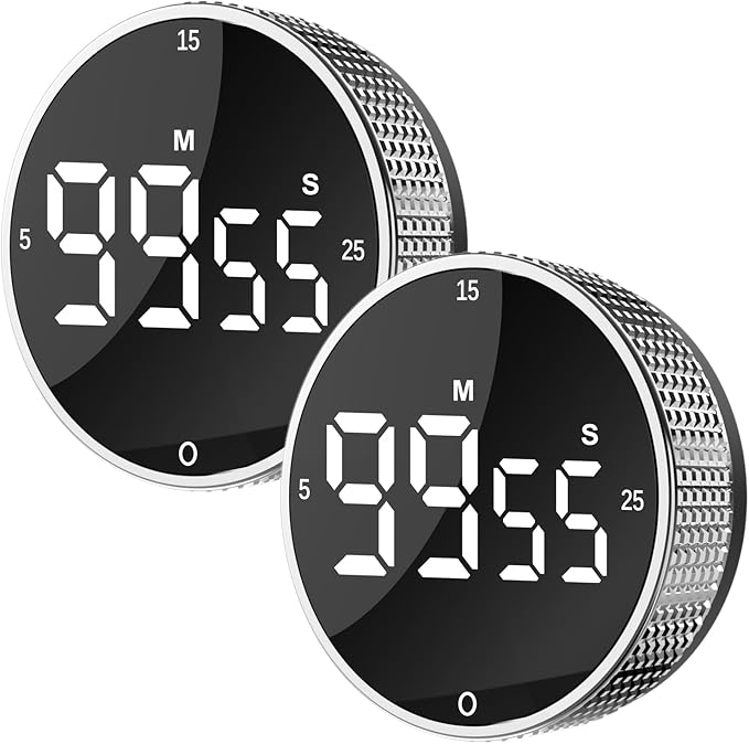 Upgrade Digital Kitchen Timer - Magnetic Countdown Countup Visual Pomodoro Timer with Large LED Display, 3-Preset Times (5, 15, 25), 3 Volume Levels, Ideal for Cooking, Baking and Fitness (2, Silver) by Junvil