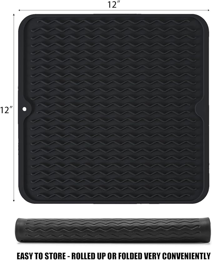 Silicone Dish Drying Mat, Non-Slip Easy Clean Sink Mat Large Heat-resistant Dish Drainer Mat for Kitchen Counter, Sink, Refrigerator or Drawer liner (12" x 12", BLACK) - Image 2