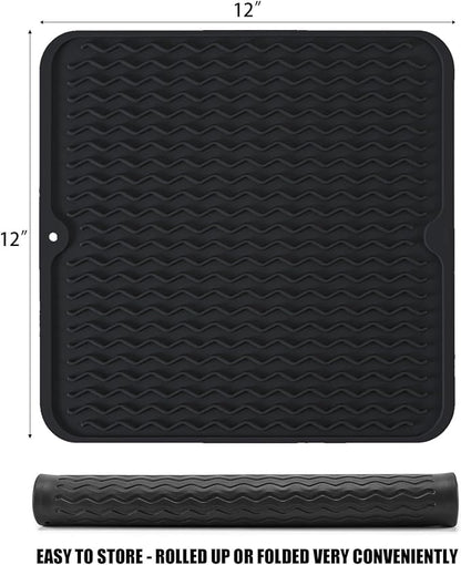 Silicone Dish Drying Mat, Non-Slip Easy Clean Sink Mat Large Heat-resistant Dish Drainer Mat for Kitchen Counter, Sink, Refrigerator or Drawer liner (12" x 12", BLACK) - Image 2
