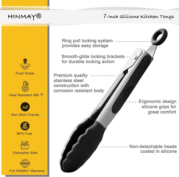 HINMAY Mini Tongs with Silicone Tips 7-Inch Kitchen Tongs, Set of 3 (Black) - Image 2