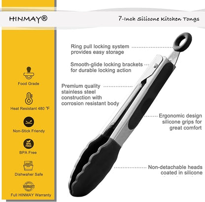 HINMAY Mini Tongs with Silicone Tips 7-Inch Kitchen Tongs, Set of 3 (Black) - Image 2