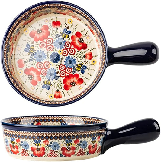 Vintage Flowers Style Ceramic Bakeware Casserole Dish Baking Pan Lasagna Pans Baking Dish with Handles for Oven/Cooking/Kitchen-1 PCS-Red Flowers-20 OZ by Bicuzat