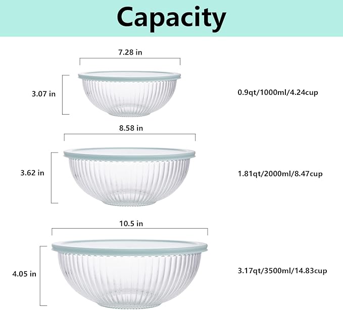 WhiteRhino Glass Mixing Bowls with Lids Set of 3(3.7QT, 2.1QT, 1.1QT),Large Kitchen Salad Bowls, Space-Saving Nesting Bowls, Clear Glass Serving Bowls for Cooking,Baking,Prepping,Dishwasher Safe - Image 2