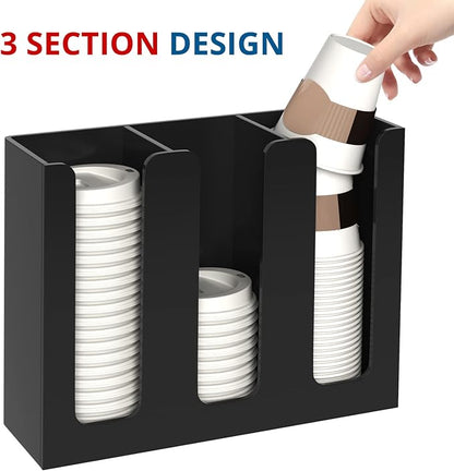KOTEMON Acrylic Cup and Lid Holder, 3 Compartment, Disposable Coffee Cup Dispenser Cup Storage Organizer, Black - Image 2