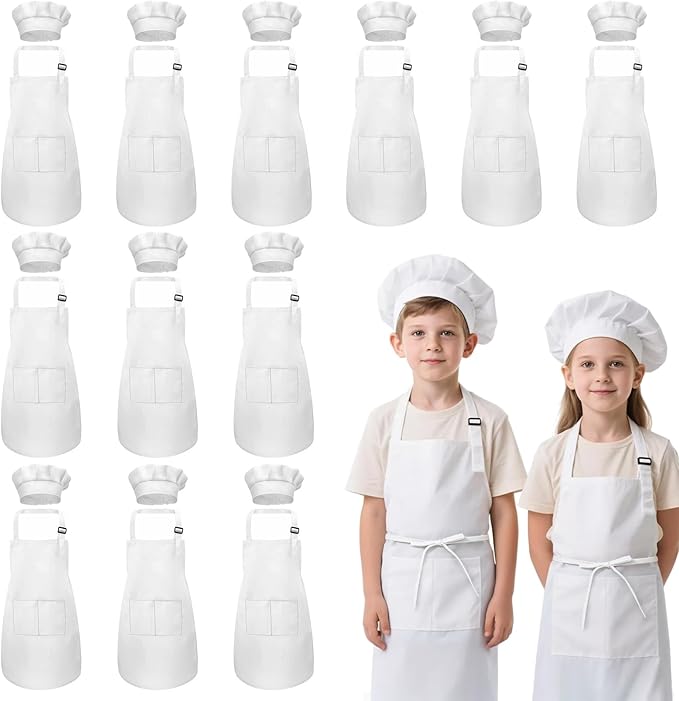 Kids Apron and Chef Hat Set, 24 Pieces Boys Girls Kids Apron with 2 Pockets Adjustable for Cooking Classroom Baking Painting, 6-13 Years, White