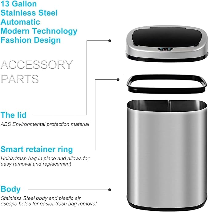 Bigacc Kitchen Trash Can | Stainless Steel 13 Gallon Trash Can | 50L Touch Free Garbage Can with Lid | Electronic Sensor High Capacity Trash Bin for Bathroom Kitchen Office, Silver - Image 6