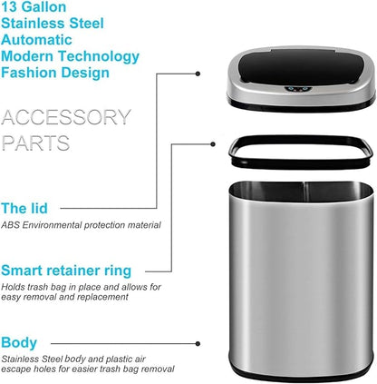 Bigacc Kitchen Trash Can | Stainless Steel 13 Gallon Trash Can | 50L Touch Free Garbage Can with Lid | Electronic Sensor High Capacity Trash Bin for Bathroom Kitchen Office, Silver - Image 6