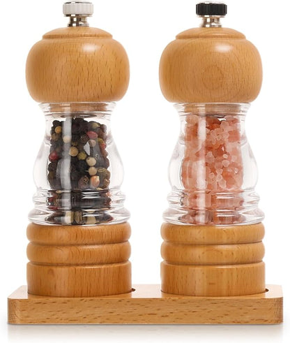 Salt and Pepper Grinder Set,2 PCS 5 Inch Wooden Manual Salt Pepper Mill Grinders for Kitchen,Refillable and Adjustable Grinder for Pepper Salt Spices