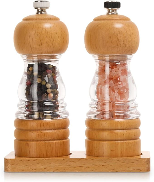 Salt and Pepper Grinder Set,2 PCS 5 Inch Wooden Manual Salt Pepper Mill Grinders for Kitchen,Refillable and Adjustable Grinder for Pepper Salt Spices
