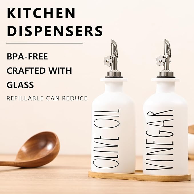 HOMCDALY Premium Olive Oil Dispenser for Kitchen, 11.8oz Glass Oil Bottles with Bamboo Tray, White Oil&Vinegar Cruet Set, Kitchen Dispenser Bottles with Pourer| Set of 2 (11.8oz –P–White) - Image 2