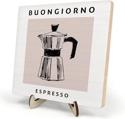 Coffee Bar Decor Sign,Wooden Vintage Plaque with CoffeePot Pattern-Buongiorno Espresso,Funny Farmhouse Decor for Coffee Station, Kitchen Café or Shelf Display(White) by DMADNF