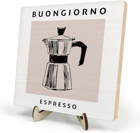 Coffee Bar Decor Sign,Wooden Vintage Plaque with CoffeePot Pattern-Buongiorno Espresso,Funny Farmhouse Decor for Coffee Station, Kitchen Café or Shelf Display(White) by DMADNF