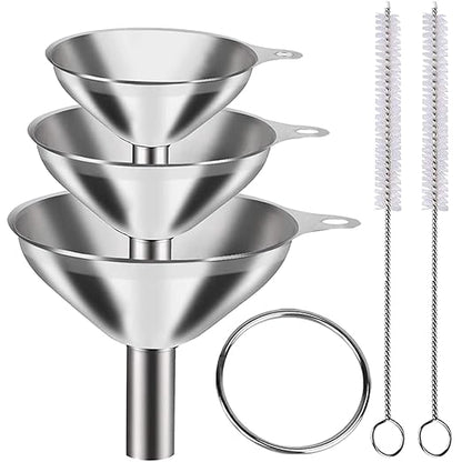 3-Piece Stainless Steel Kitchen Funnel Set for Filling Bottles, Food Grade, Versatile Sizes (Large, Medium, Small), Includes 2 Cleaning Brushes