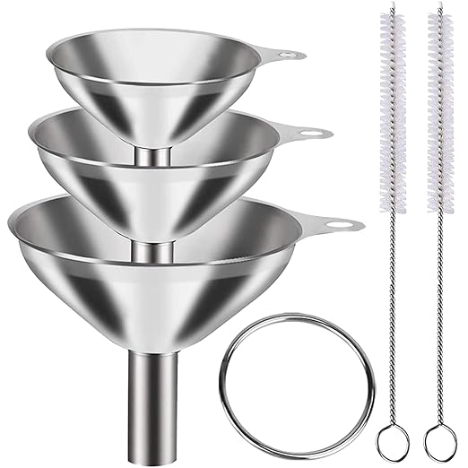 3-Piece Stainless Steel Kitchen Funnel Set for Filling Bottles, Food Grade, Versatile Sizes (Large, Medium, Small), Includes 2 Cleaning Brushes