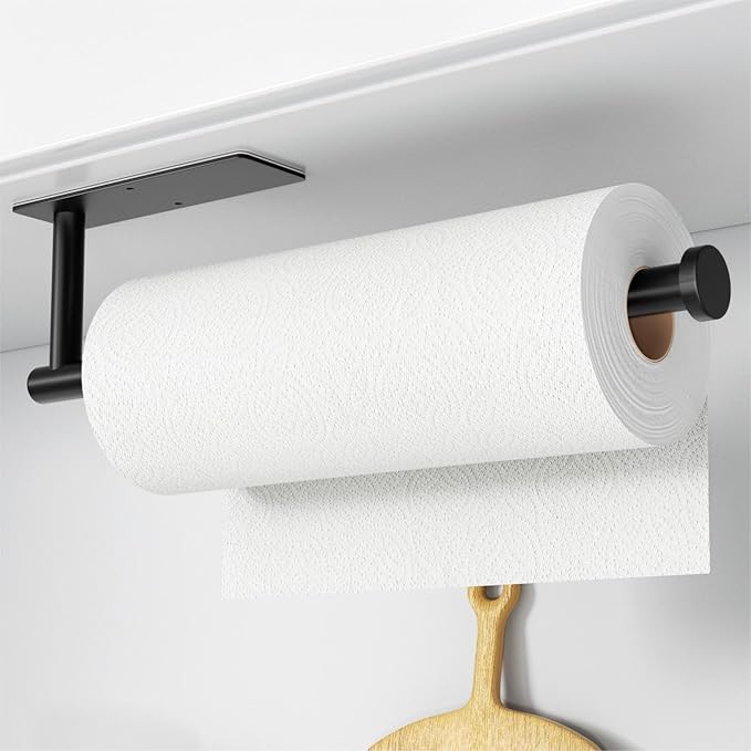 Paper Towel Holder - Self-Adhesive or Drilling, Matte Black Wall Mounted Rack - SUS304 Stainless Steel Kitchen Roll Holder Under Cabinet (2 Pack) - Image 2