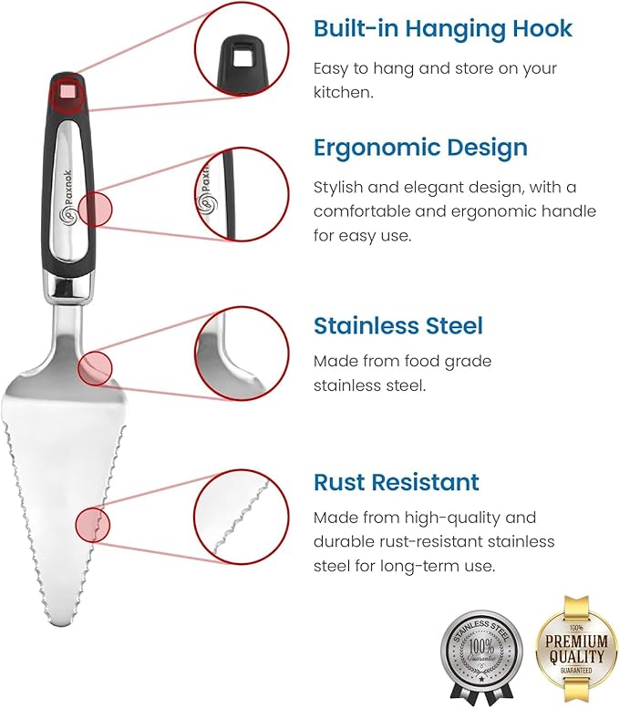 Pie Server Spatula and Cake Cutter Slicer, Stainless Steel Set - Kitchen Essentials for Cutting & Serving Desserts, Brownies, Lasagna (Black, 13 inches)