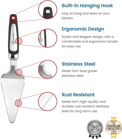 Pie Server Spatula and Cake Cutter Slicer, Stainless Steel Set - Kitchen Essentials for Cutting & Serving Desserts, Brownies, Lasagna (Black, 13 inches)