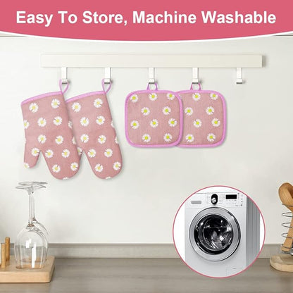 AUAUY Oven Mitts and Potholders, BBQ Gloves Heat Resistant, 1 Pair Oven Mitts and 2 Pot Holders, Cotton Non-Slip Cooking Gloves for Cooking Baking Kitchen Microwave Pizza(Daisy-Pink) - Image 4