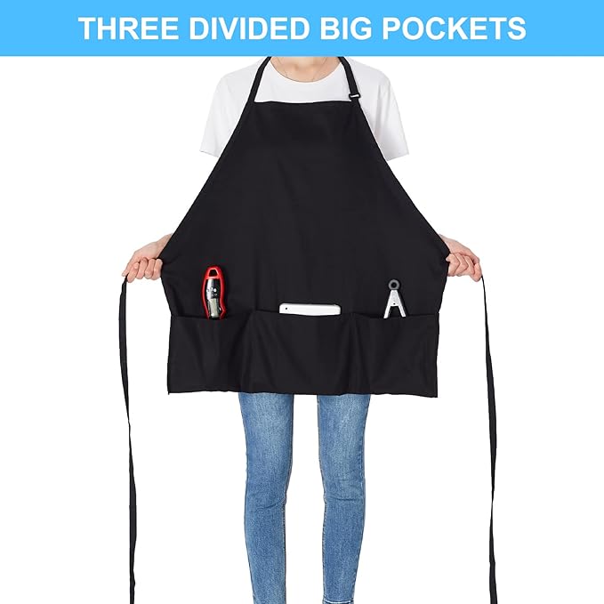 Jubatus 2 Pack 3 Pockets 100% Cotton Adjustable Bib Apron Chef Kitchen Cooking Aprons for Women Men, Black - Image 2