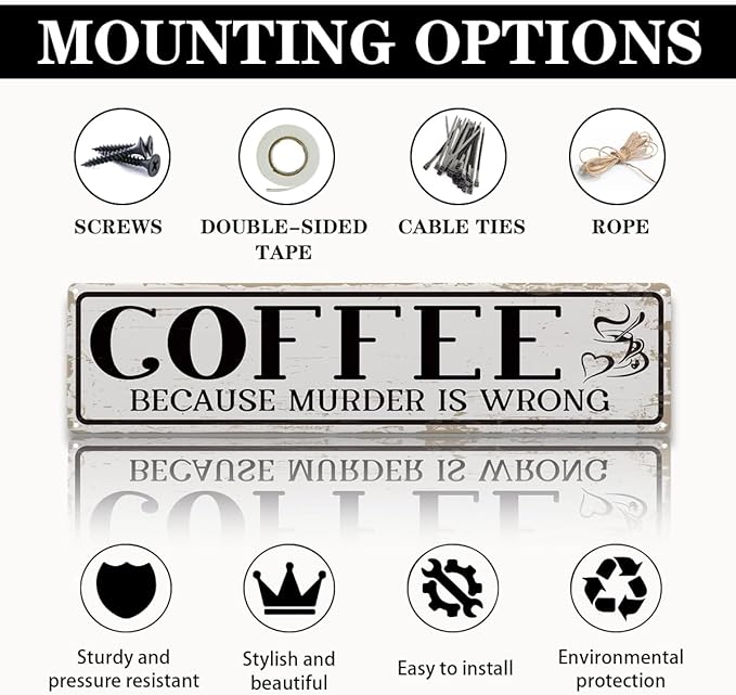 Funny Coffee Signs, Coffee Because Murder is Wrong Sign, Vintage Wall Decorations for Home Bar/Basement/Garage/Man Cave, Coffees Station Decors, Decorative Metal Wall Signs 15.8x4 Inches - Image 3