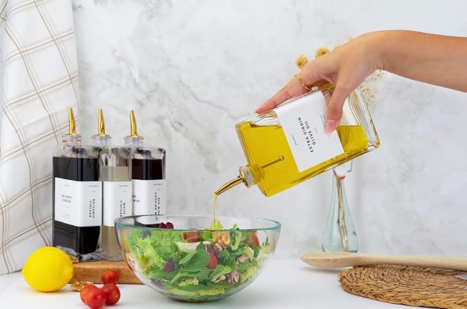 Molimoli Olive Oil Dispenser Bottle for Kitchen, Automatic Pourer, Glass Dispenser for Kitchen, Olive Oil Cruet, | Set of 4 - Gold - Image 5