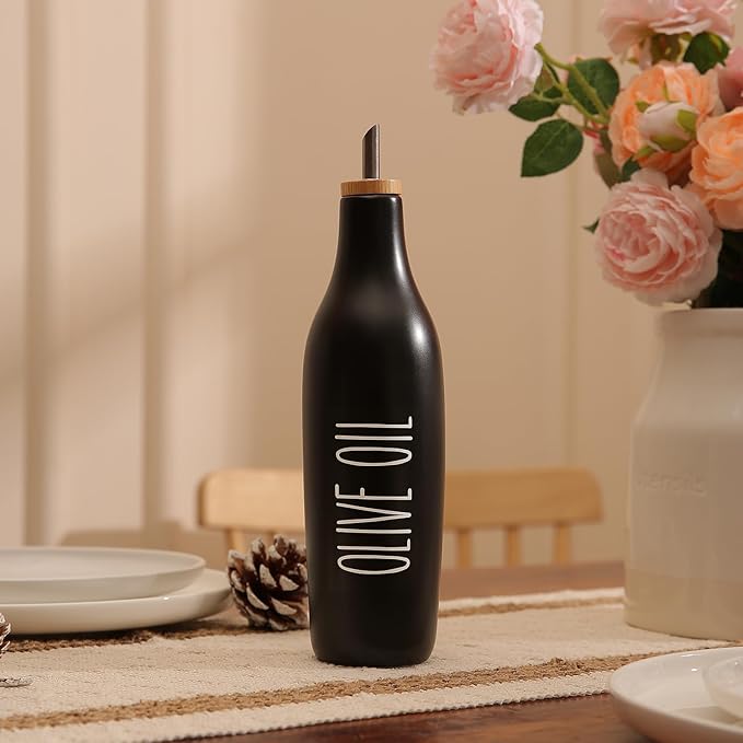 HOMCDALY Ceramic Olive Oil Dispenser for Kitchen, Stoneware 16oz Oil Cruet and Vinegar Bottles Dispenser, Kitchen Dispenser Bottle for EVOO Vinegar Syrups, Modern Farmhouse Design(B-O) - Image 5