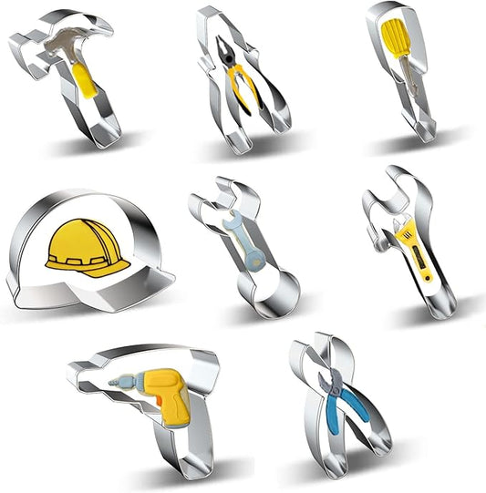 Construction Tool Cookie Cutter Set of 9 - Hammer Pliers Screwdriver Safety Helmet Hard Hat Wrench Spanner Drill Scissor Hardware Tools Cookie Cutters Shapes Molds for Kids Labor Day Party Supplies