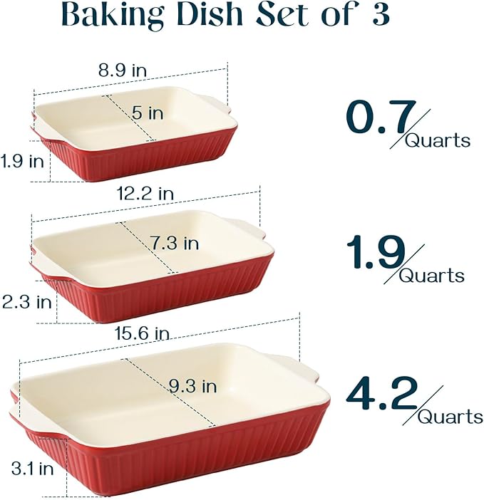 DOWAN Casserole Dishes for Oven, Set of 3 Rectangular Ceramic Baking Dishes, 135 oz Capacity, Red (15.6''/12.2''/8.9'') - Image 2