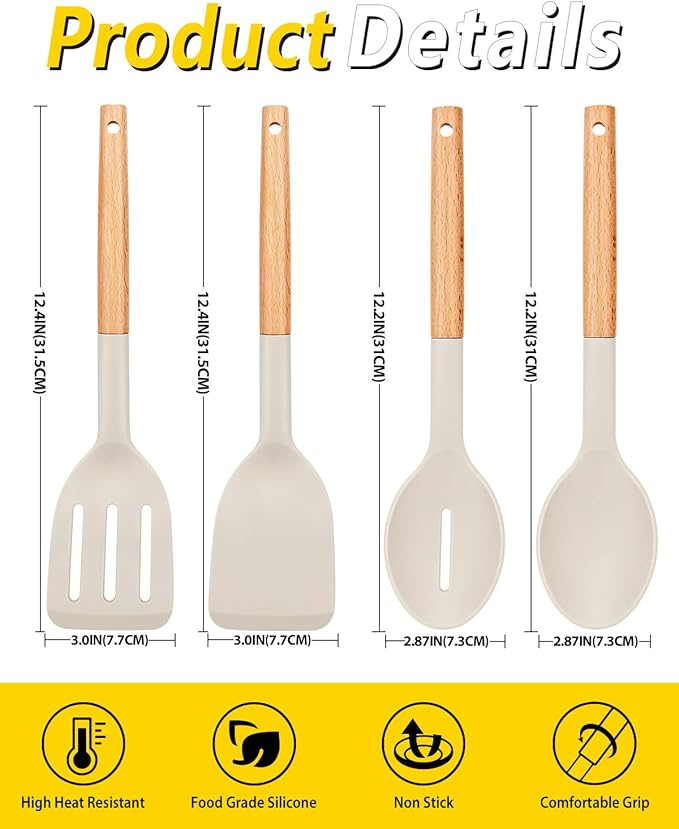 Pack of 4 Silicone Cooking Utensils Set, Non Stick Solid Spatulas and Heat Resistant Slotted Spoons with Wooden Handle, Ideal Wood Kitchen Utensils Set for Frying,Serving,Turning,Stirring (KHAKI) - Image 3