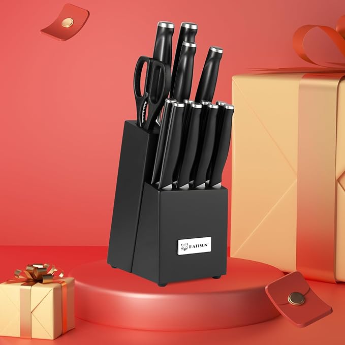15-Piece Kitchen Knife Set with Block, ABS Ergonomic Handle for Chef Knife Set and Serrated Steak Knives Knife Sharpener and Kitchen Shears, Dishwasher Safe, Black Block - Image 7