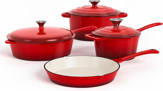 DishDelight Enameled Cast Iron Cookware Set, 7 Piece Induction Dutch Oven Set with Lid, Red Pots and Pans Set Nonstick, PFOA&PFAS Free