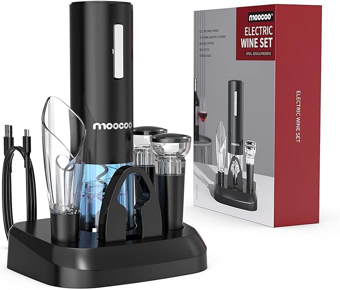 Moocoo Electric Wine Opener with Charging Base, Cordless Electric Wine Bottle Opener with 2-in-1 Aerator &Pourer, Foil Cutter, 2 Vacuum Preservation Stoppers, Display Charging Station for Easy Storage by Moocoo