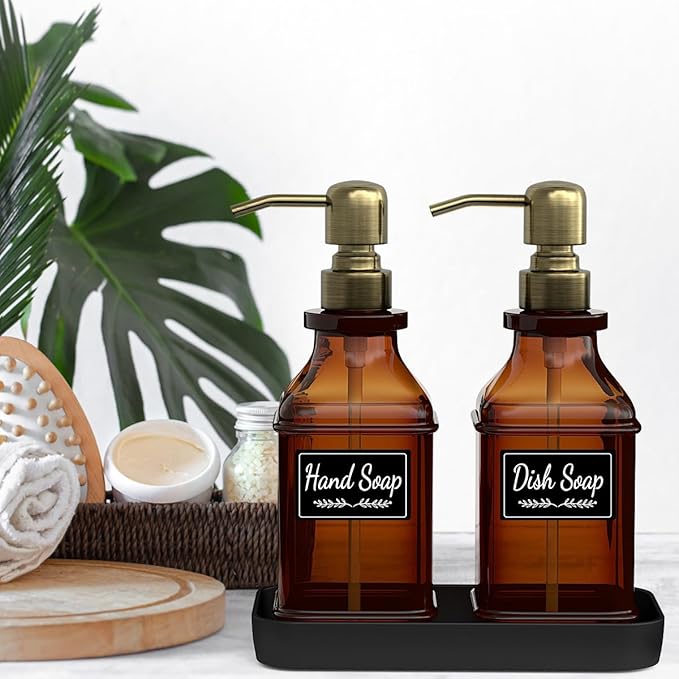 LMQML Soap Dispenser - 2 Pack, Antique Design Thick Amber Glass Hand Soap Dispensers with Sturdy Tray; 304 Rust Proof Stainless Steel Black Pump, 12Pcs Stickers, for Kitchen, Bathroom - Brushed Gold - Image 5