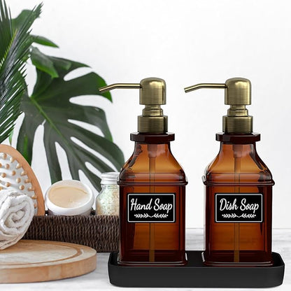 LMQML Soap Dispenser - 2 Pack, Antique Design Thick Amber Glass Hand Soap Dispensers with Sturdy Tray; 304 Rust Proof Stainless Steel Black Pump, 12Pcs Stickers, for Kitchen, Bathroom - Brushed Gold - Image 5