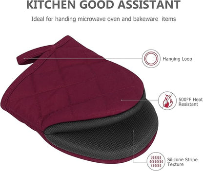 Oven Mitts and Pot Holders Set, Pack of 4, Heat Resistant Silicone Kitchen Mini Oven Mittens for 500 Degrees, Mini Oven Gloves and Hot Pads for Baking Grilling Barbecue Microwave Machine Washable