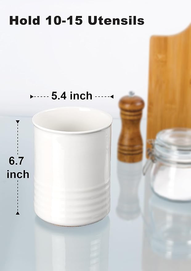 ABRUTY Utensil Holder, 6.7" Ceramic Kitchen Utensil Crock for Countertop Cooking, Modern Utensil Caddy Jar Organizer for Farmhouse Kitchen Counter Decor (White) - Image 2