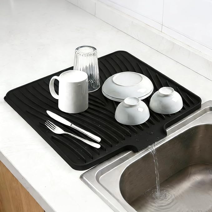 Silicone Drying Mat, 16"X13" With Built-in Drain Lip,Heat-Resistant,Eco-friendly,Hygienic Drying Pad,Leak-Proof and Non-Slip,Silicone Dish Drying Mat for Kitchen Counter or Sink（Black 16X13） - Image 3