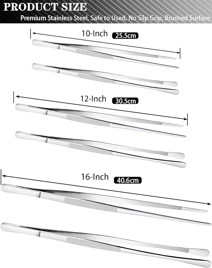 JETKONG 4 Pcs Kitchen Tweezers Tongs Stainless Steel Cooking Tweezers Set, Professional Kitchen Long Tweezer for Cooking, Repairing, and BBQ (10+12-Inch, Silver) - Image 3