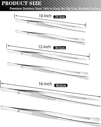 JETKONG 2 Pcs 12-Inch Cooking Tweezers Stainless Steel, Straight Food Tweezers, Professional Kitchen Tweezer/Forceps for Cooking Repairing and BBQ (12-Inch, Silver) - Image 3