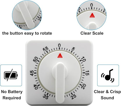 Hitefu 2 Pcs Square 60 Minute Mechanical Kitchen Timer, Visual Cooking Timer with Loud Alarm & No Batteries for Classroom/Home (White)