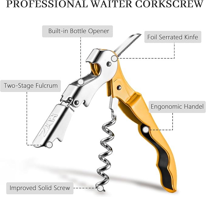 HYZ 2-Pack Wine Opener Waiter Corkscrew, Professional Wine Key for Servers, Bartender with Foil Cutter, Manual Wine Bottle Opener Double Hinged (Yellow) - Image 2