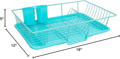 Sweet Home Collection Dish Rack Drainer 3 Piece Set with Drying Board and Utensil Holder, 5"D x 12"W x 17"H, Turquoise